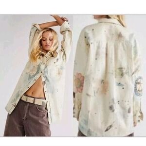 Free People Sunshine Fields Buttondown Top Splatter Denim Jacket Size S